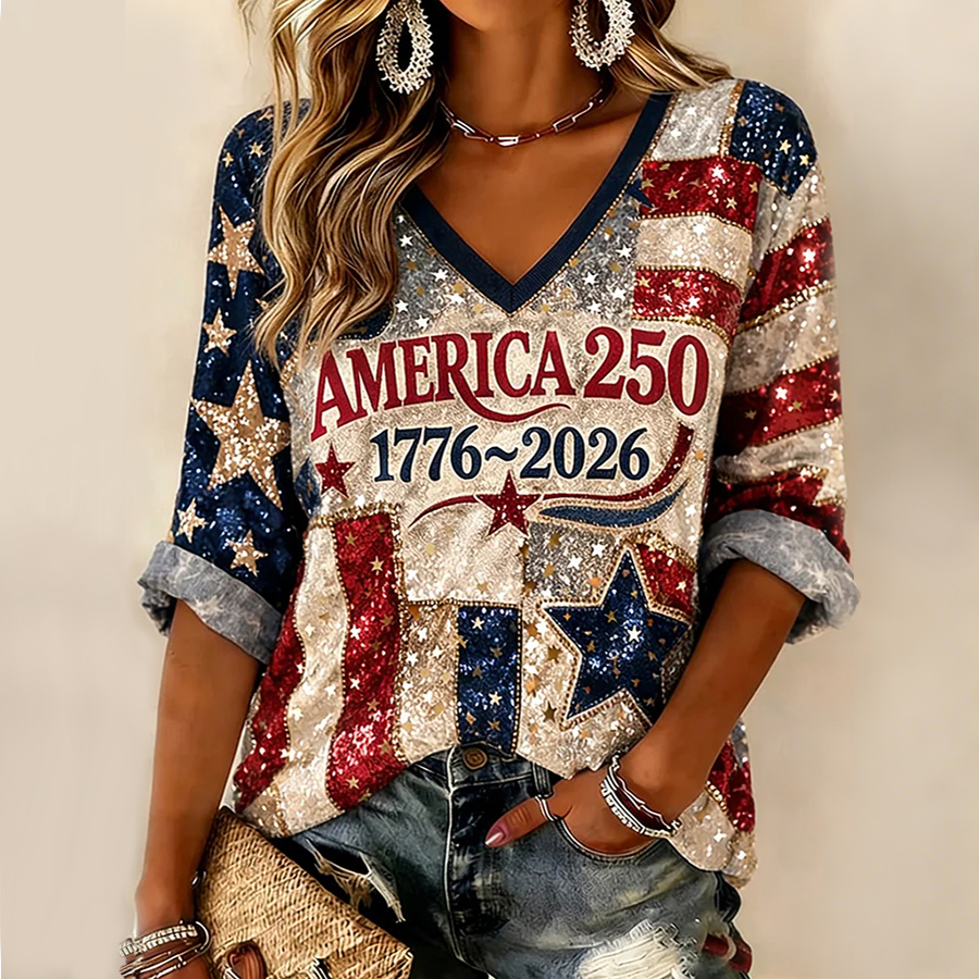 Ladies' Casual American 250Th Anniversary Celebration V-Neck Half Sleeved T-Shirt