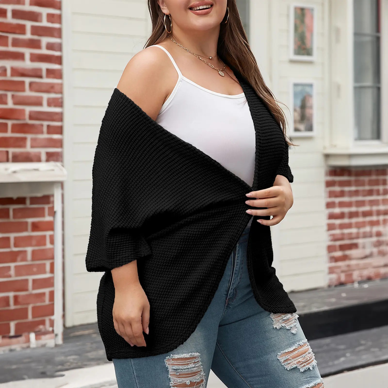 Women's Plus Size Cardigan Casual Short Sleeve Waffle Knit Kimono Open Front Tops(1X-5X)