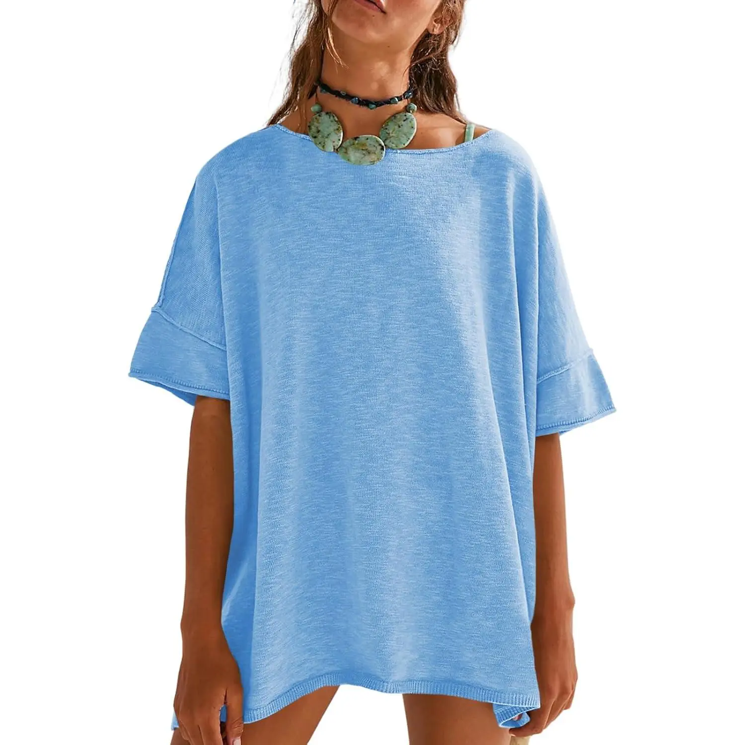 Women's Loose-Fit T-Shirt – Casual Summer Crew Neck Drop-Shoulder Short-Sleeve Top with Side-Slit Hem