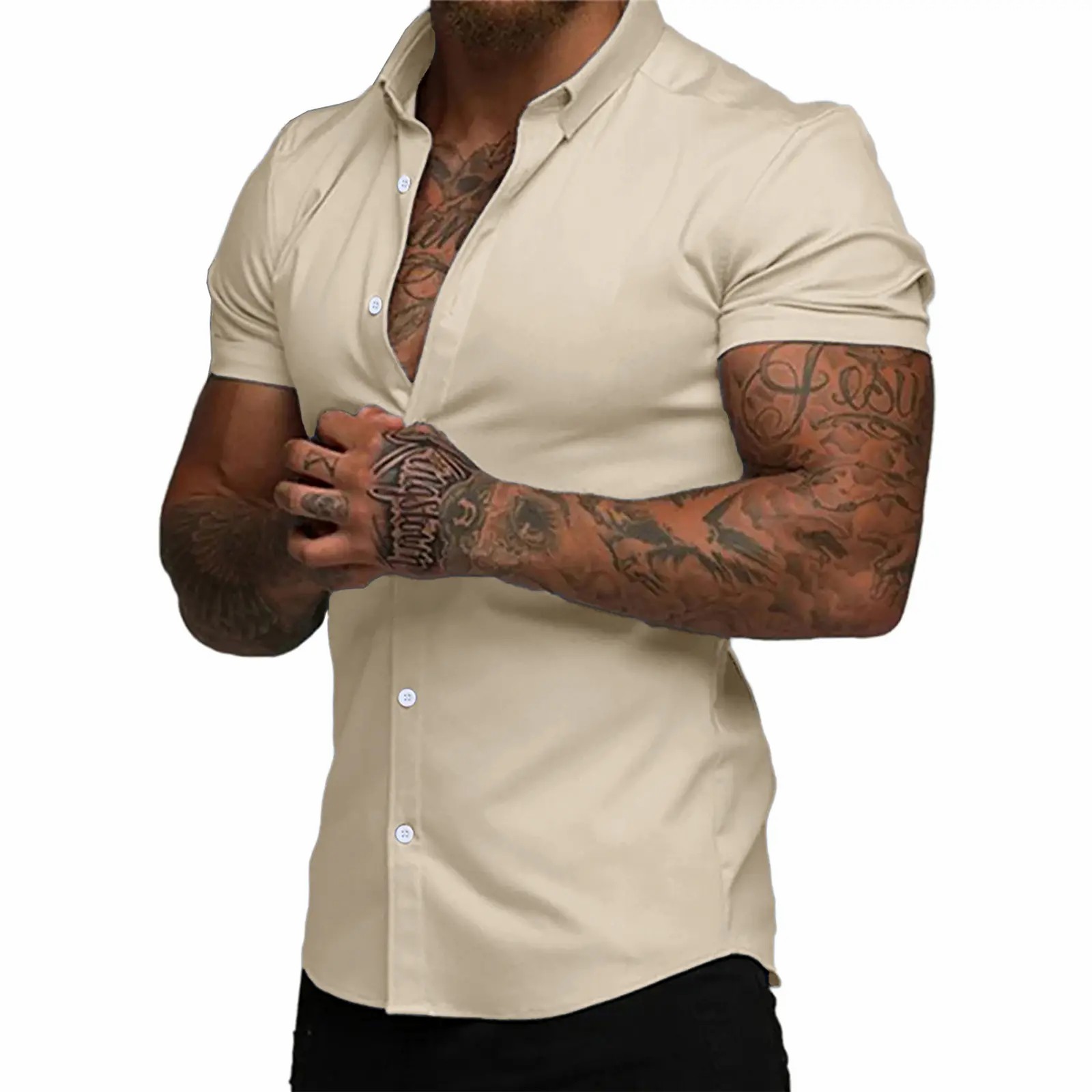 Men's Muscle Fit Short Sleeve Dress Shirt – 4-Way Stretch, Wrinkle-Free, Casual Button Down