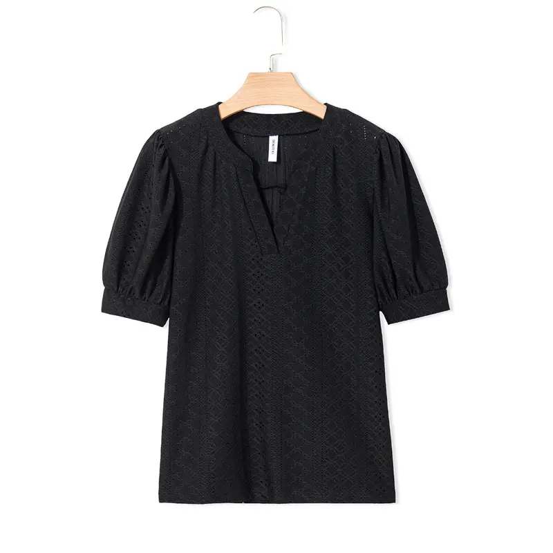Women's Summer Business Casual Blouses V Neck Short Sleeve Shirts Hollow Out Cute Lace Tops Loose Fit Breathable Fabric