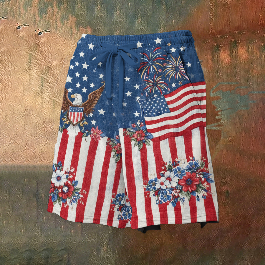 Men'S Casual Retro Independence Day Fireworks Flag Celebration Printed Shorts