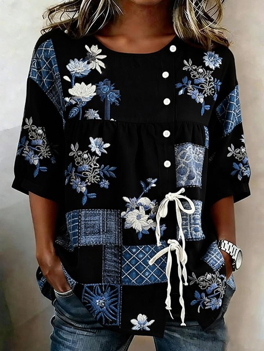 Women'S Faith Flower Art Printed Cotton Linen Casual Shirt