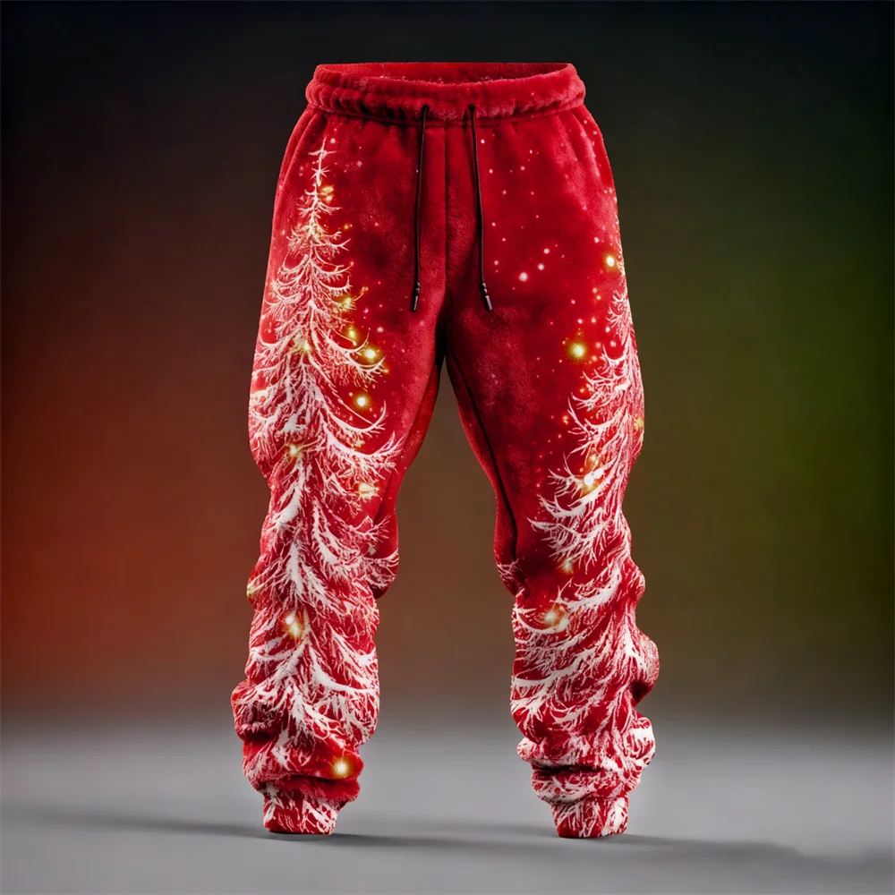 Men's Christmas Trees And Lights Art Print Loose Drawstring Waist Flannel Pants