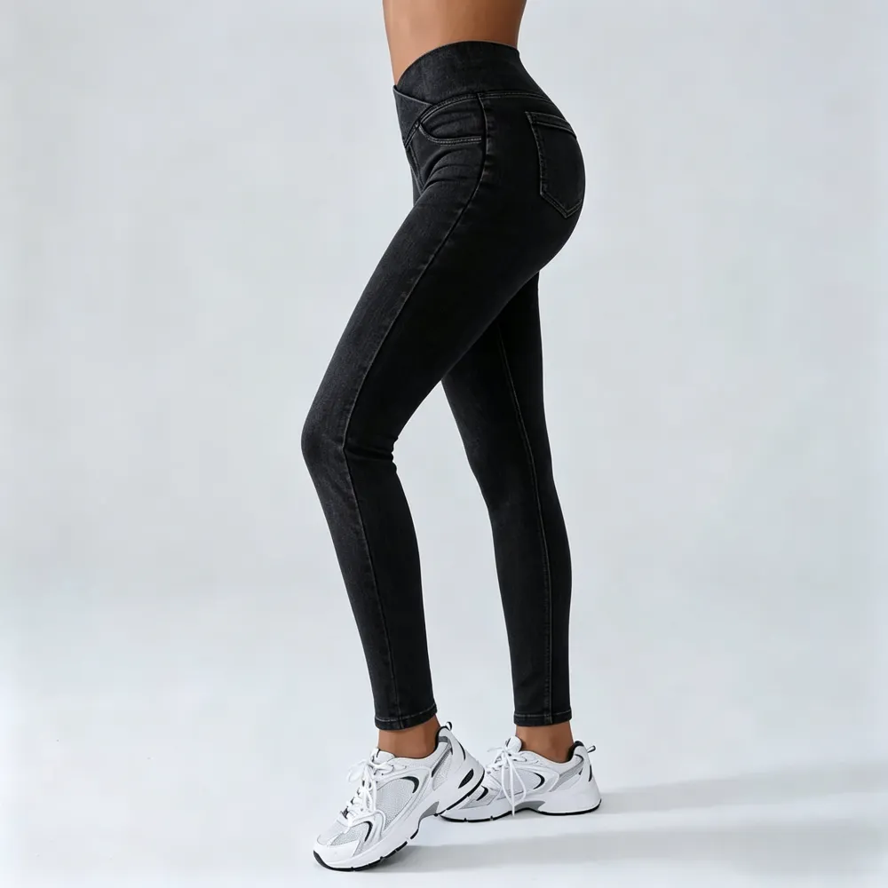 Women's High-Waisted Stretch Jeans with Crossover Design — Slim-Fit Flared Denim Leggings