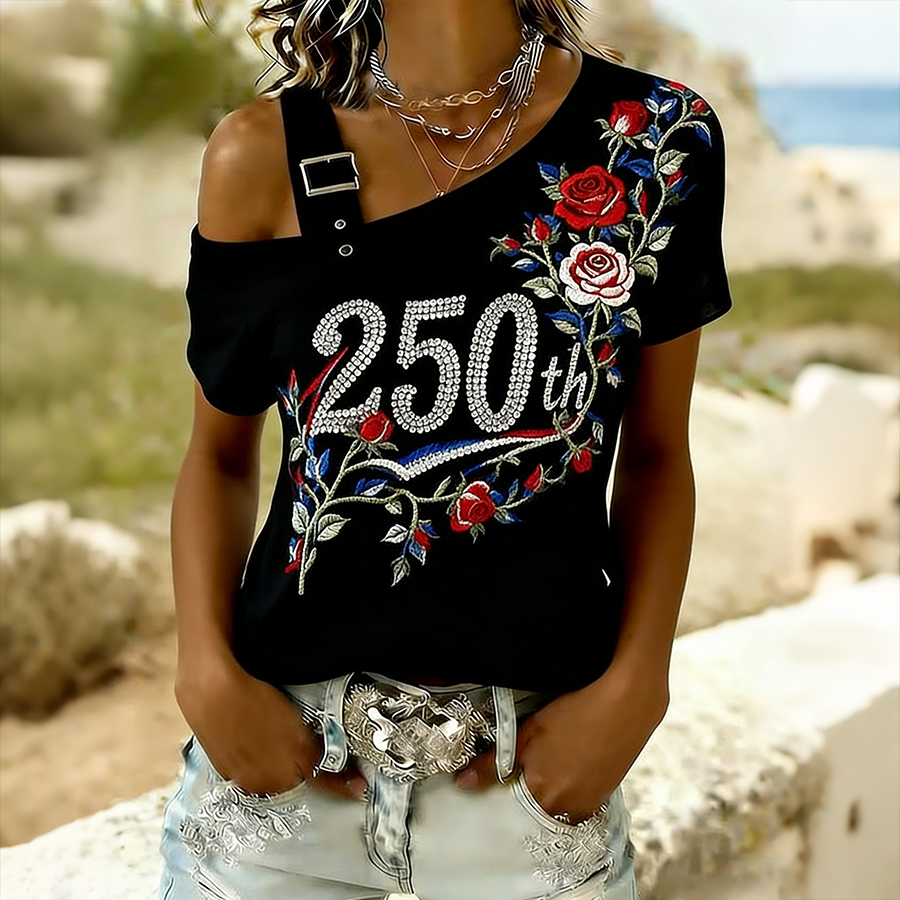 Women'S Casual US National Day Flag Flower Shoulder T-Shirt