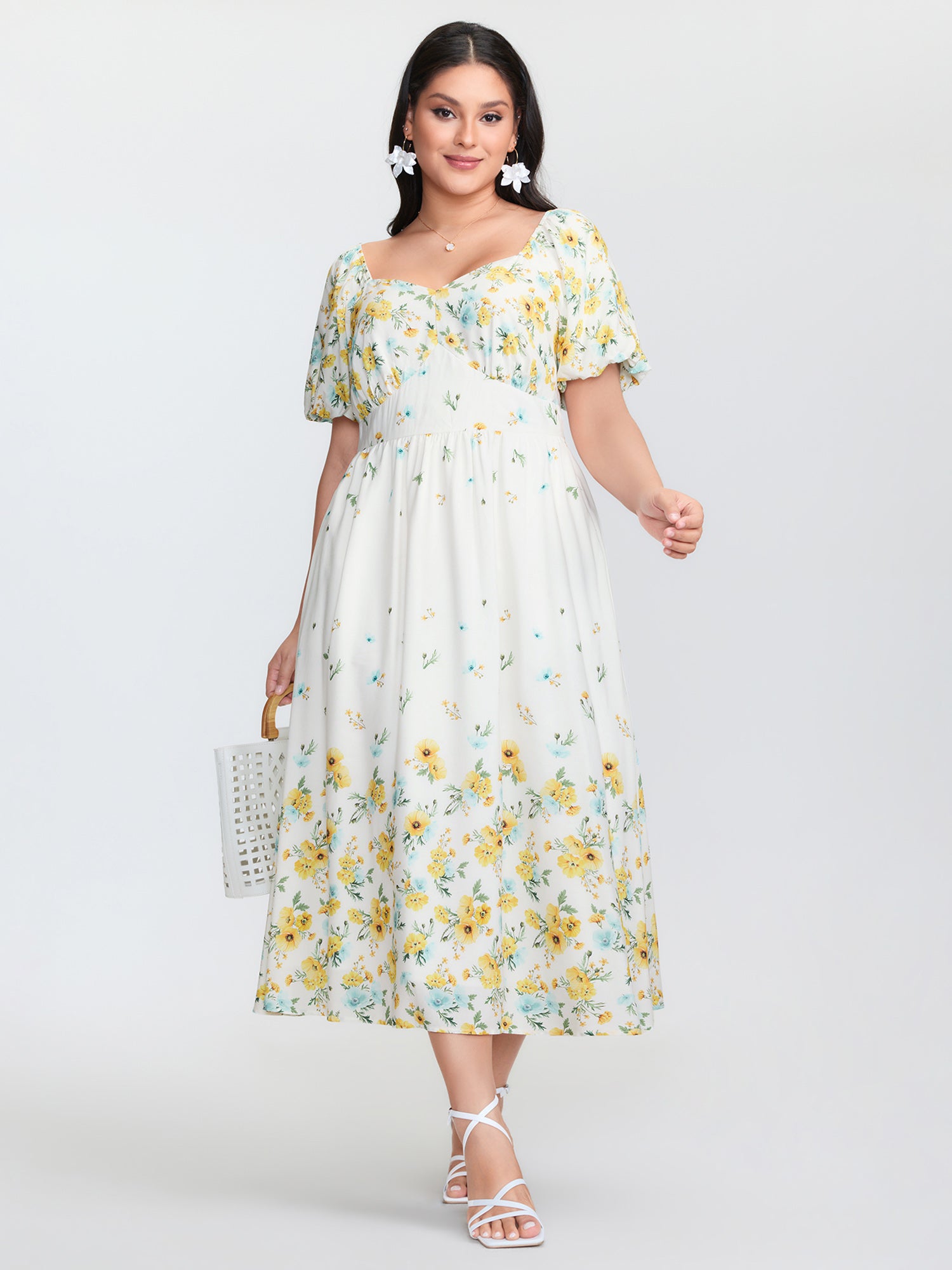 Floral Print Shirred Bodice Triangular Waist Midi Dress