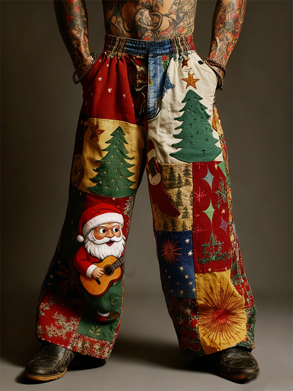 Men's Santa Guitar Christmas Tree Colorblock Print Casual Pants