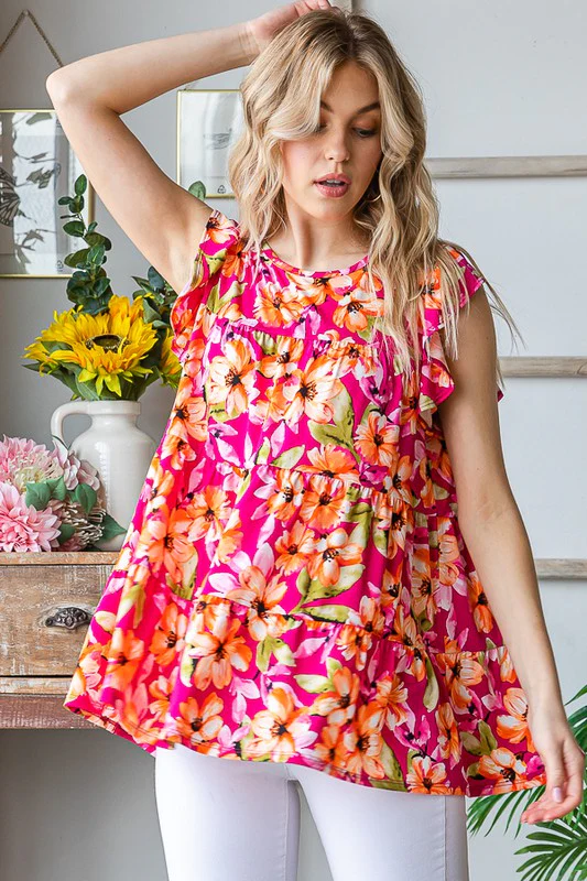 Butterfly Sleeve Floral Tiered Top