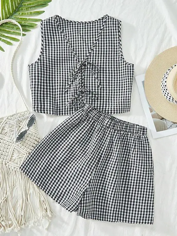 Women's Plaid Print Tank Top & High Waist Shorts Set