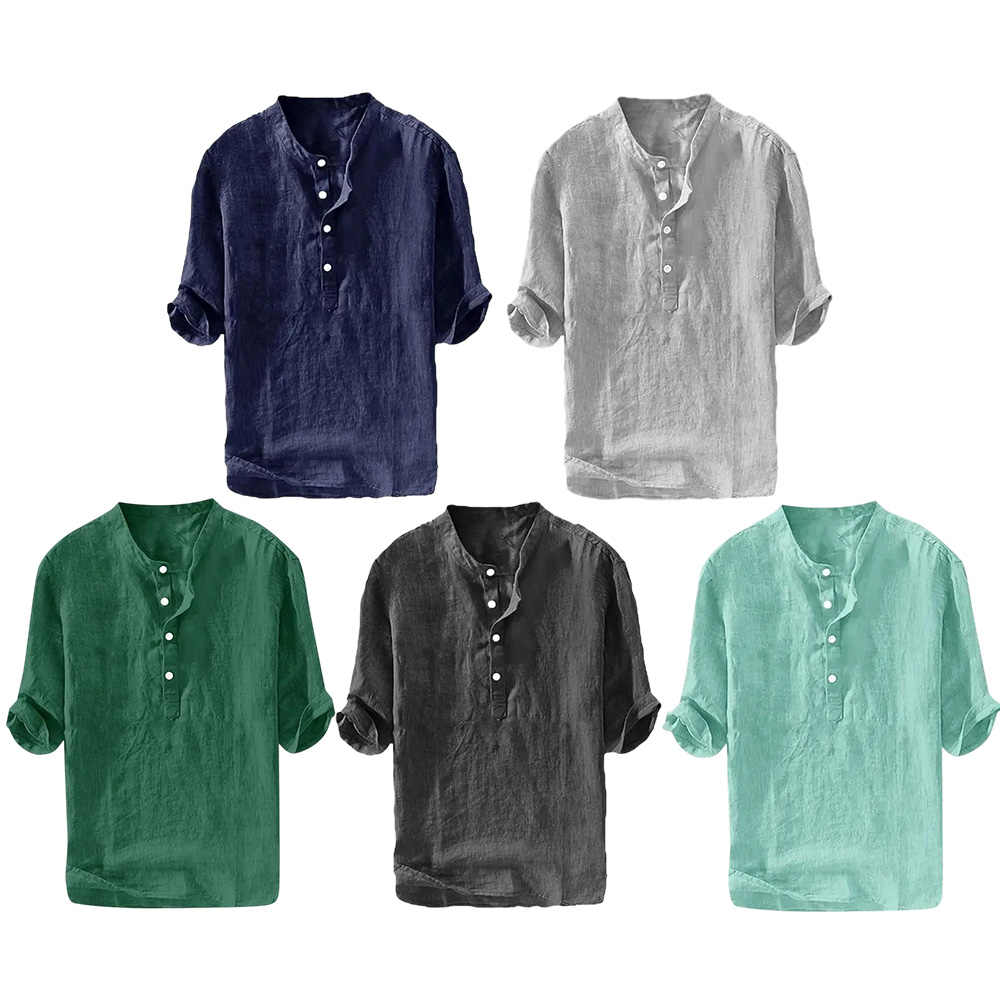 Mens 70% Cotton 30% Linen Shirts Casual Cotton 3/4 Sleeve Regular-Fit Henley T-Shirt Summer Lightweight Beach Yoga Tops