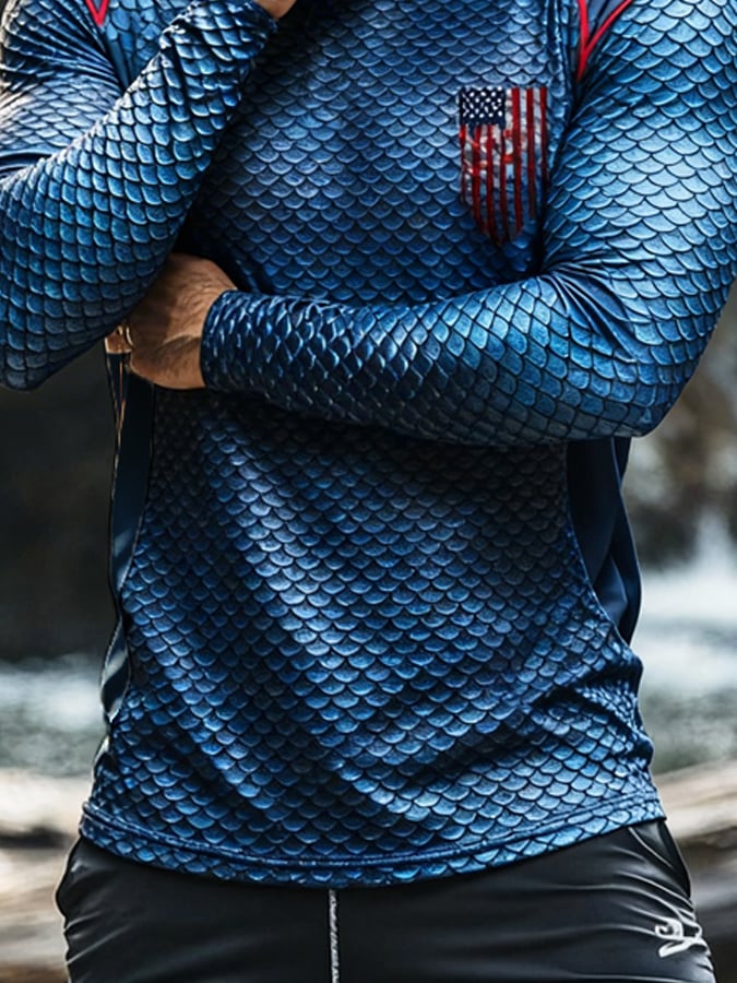 Men'S Outdoor Sun Protection Top: Breathable, Cooling, Long-Sleeve Hoodie With Built-In Face Mask And Contrast Print