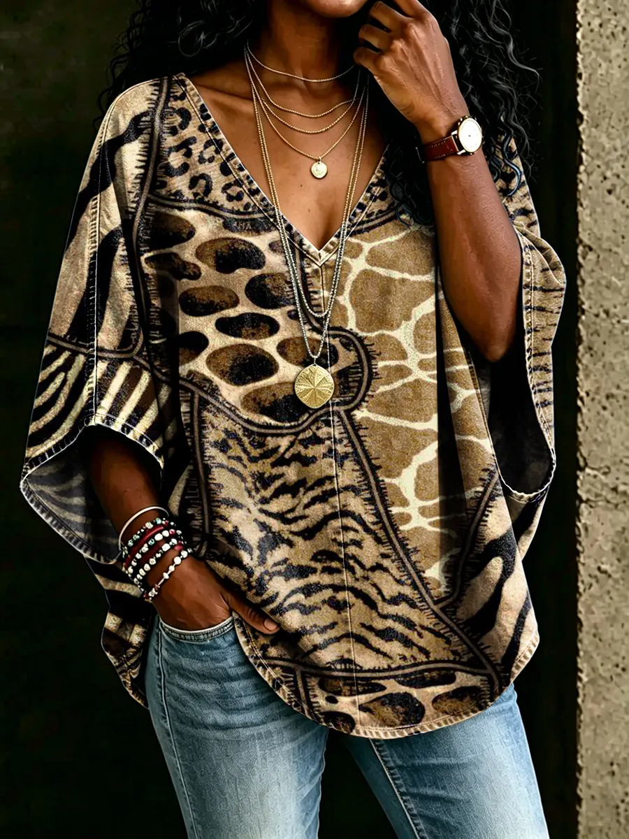 Women's Retro Abstract Art Print V-neck Loose Shirt