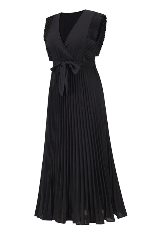 Beach Lotus Leaf Sleeve Chiffon Pleated Skirt Solid Color Dress