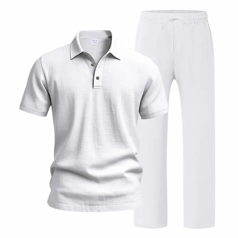Men’s Linen Beach Two Piece Set, Casual Short Sleeve Button Down Shirt and Loose Long Pants Set