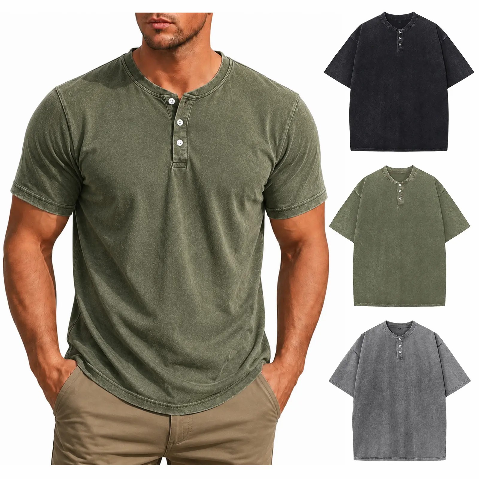 Men's 5-Pack Acid Wash Henley Shirts – Oversized Cotton Vintage Streetwear Tees