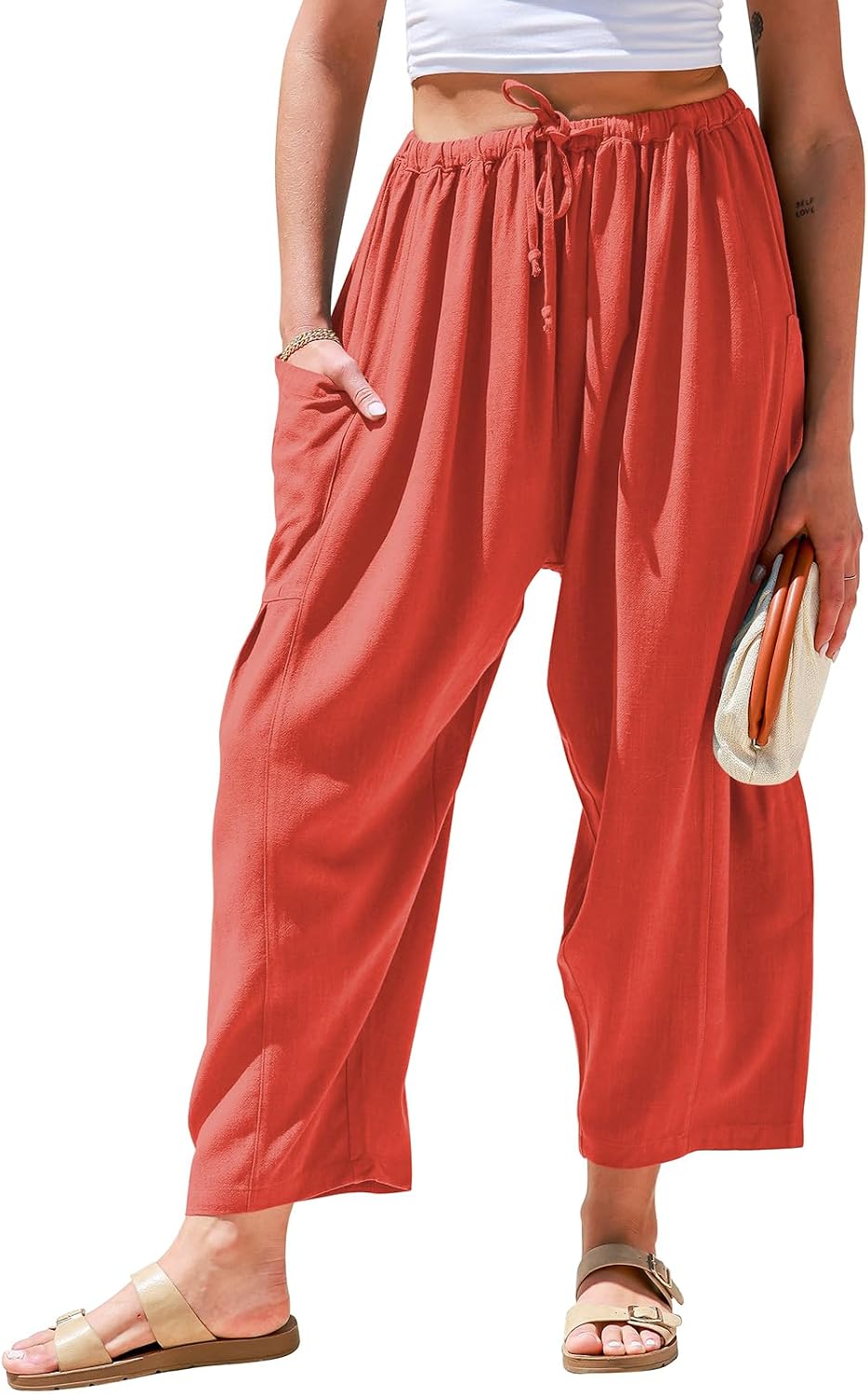 Womens Linen Wide Leg Pants Casual Loose Drawstring Summer Beach Travel Vacation Palazzo Harem Pants with Pockets