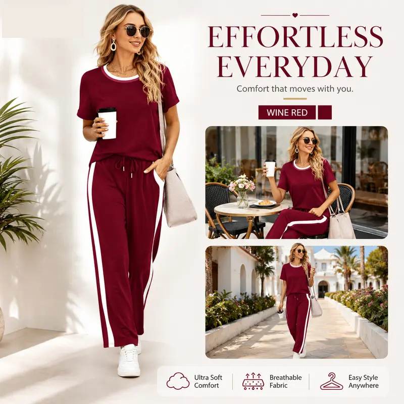 2 Piece Lounge Sets for Women Matching Set Summer Outfits Short Sleeve Tops Wide Leg Pants with Pockets