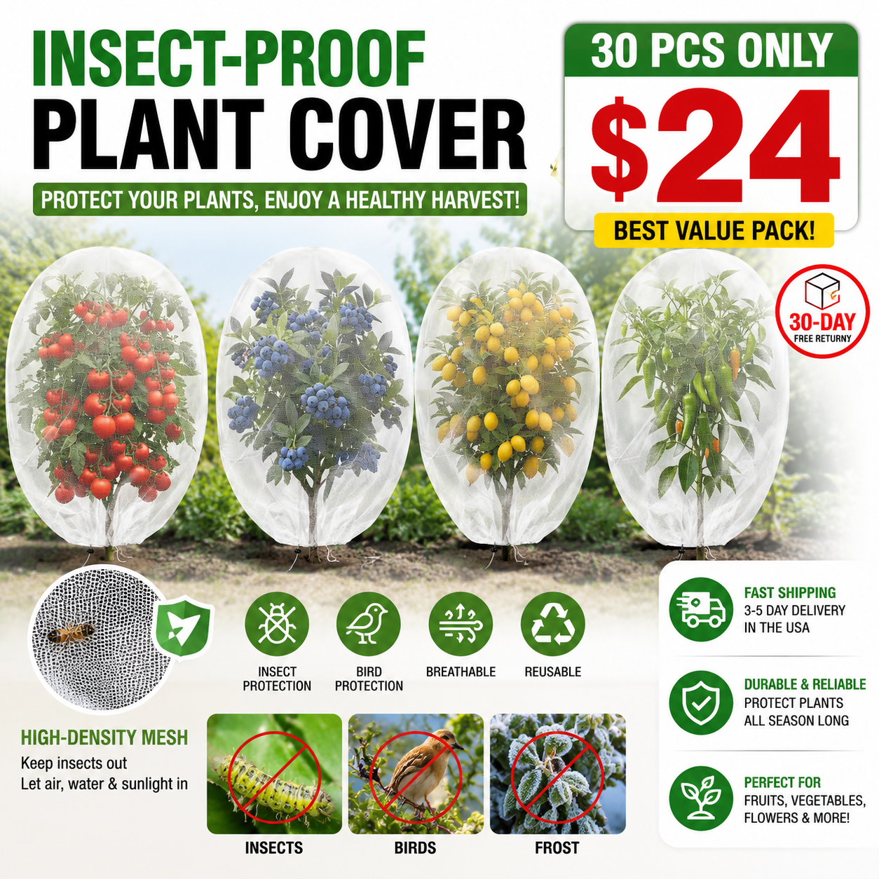 30pcs Blueberry Bush Bird Netting, Multiple Sizes Available - Tomato Plant Net, Insect-Proof Plant Cover