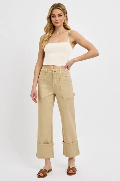 Full Size High Rise Wide Straight Cuffed Patch Jeans