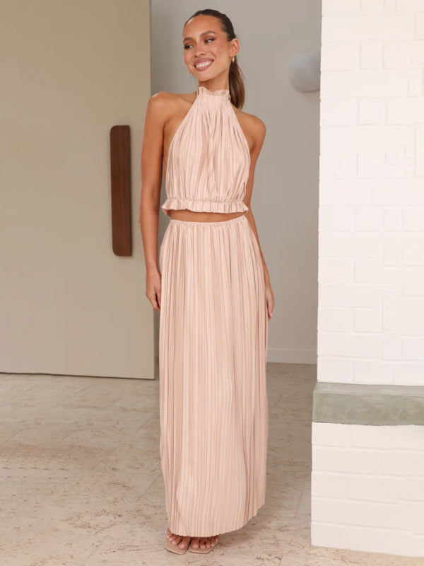 Halter Neck Backless Strappy Pleated Long Skirt Suit