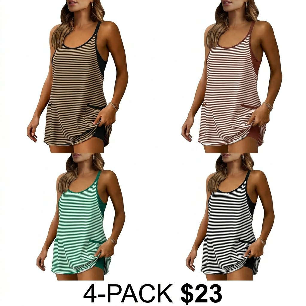 Women's 4th of July Striped Mini Dress – Built-in Shorts, Pockets, V Neck Spaghetti Strap