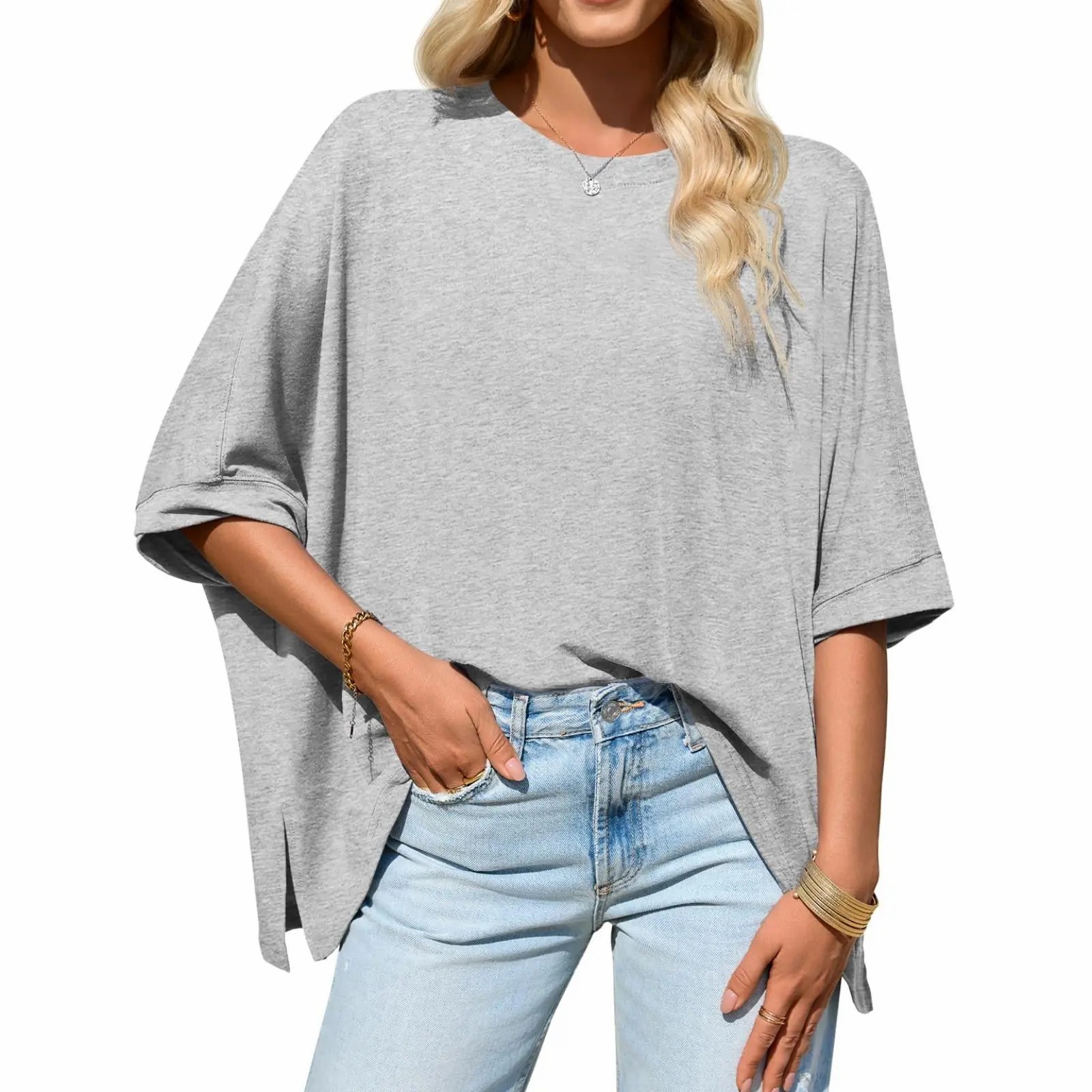 Women's Oversized Batwing Sleeve T-Shirt – Asymmetric Hem Loose Fit Tunic Top
