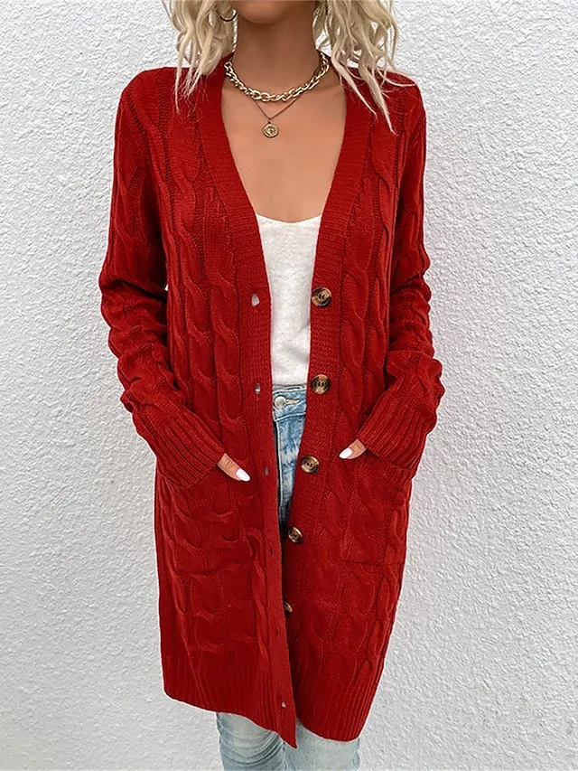 Women's Cardigan Sweater Cowl Cable Knit Faux Fur Button Pocket Summer Fall Long Daily Holiday Going out Stylish Casual Soft Long Sleeve Solid Color Black Yellow Light Green S M L