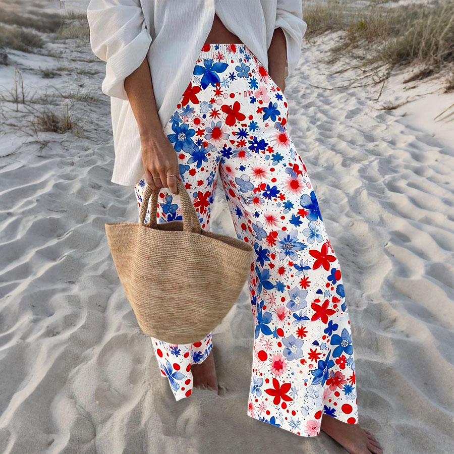 Women'S Patriotic Flower Independence Day Commemorative Printed Elastic Waist Loose Pocket Casual Pants