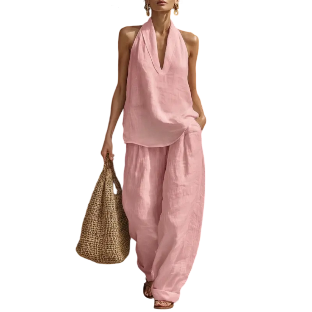 Women's Halter Neck Linen Two Piece Outfit – Casual Sleeveless Top and Wide Leg Pants Set
