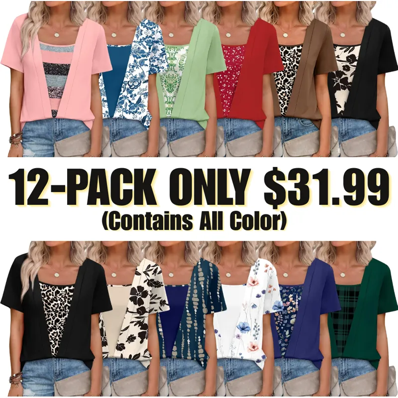 🔥8-PACK $24 - Women's 2-in-1 Short Sleeve Summer Casual Blouse