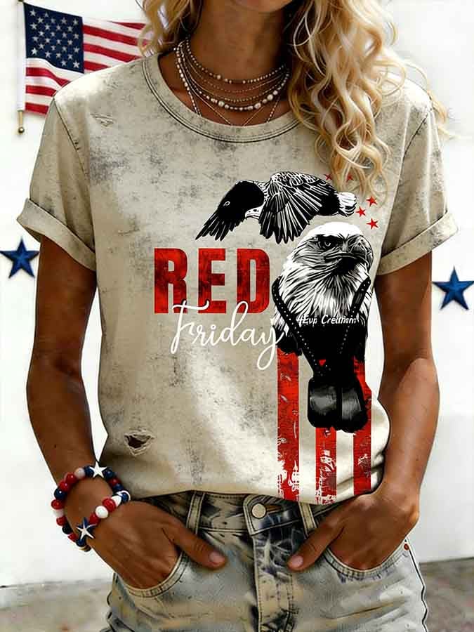 Women's Red Friday Printed Crew-Neck Short-Sleeve T-Shirt