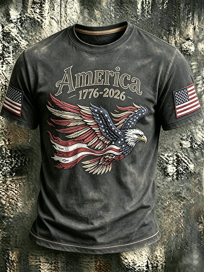 250Th Anniversary Eagle Printed Washed Round Neck T-Shirt From The United States