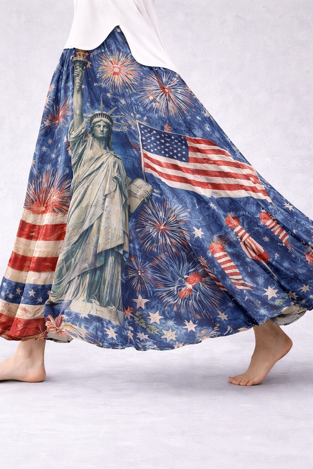 Women's Statue of Liberty American Flag Firework Print Maxi Skirt
