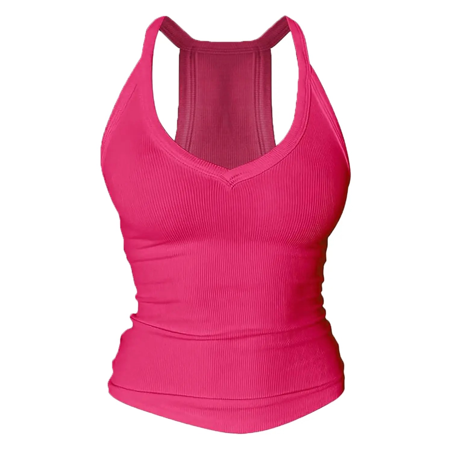 Women's V-Neck Racerback Cotton Tank Top Fitted Cami with Built-In Shelf Bra Basic Sleeveless Shirt