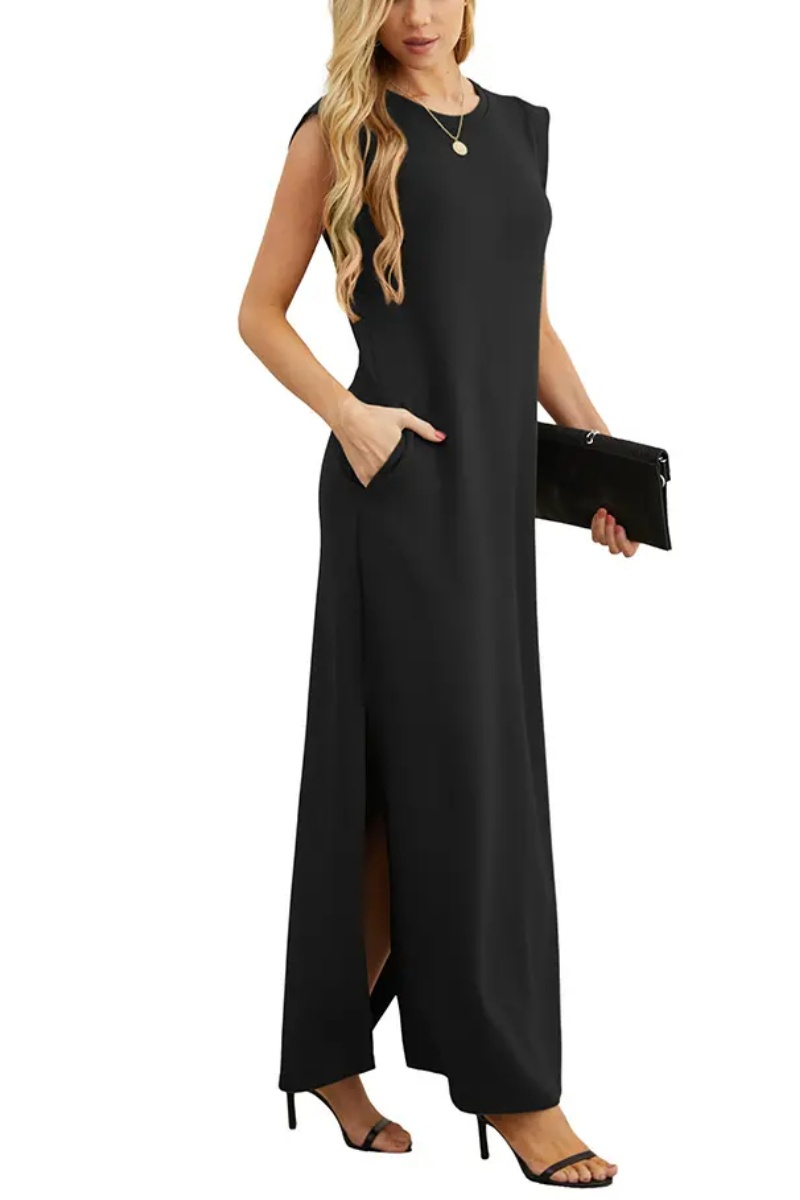 Women Summer Round Neck Casual Loose Split Wrinkle-Free Long Maxi Vacation Dress with Pockets