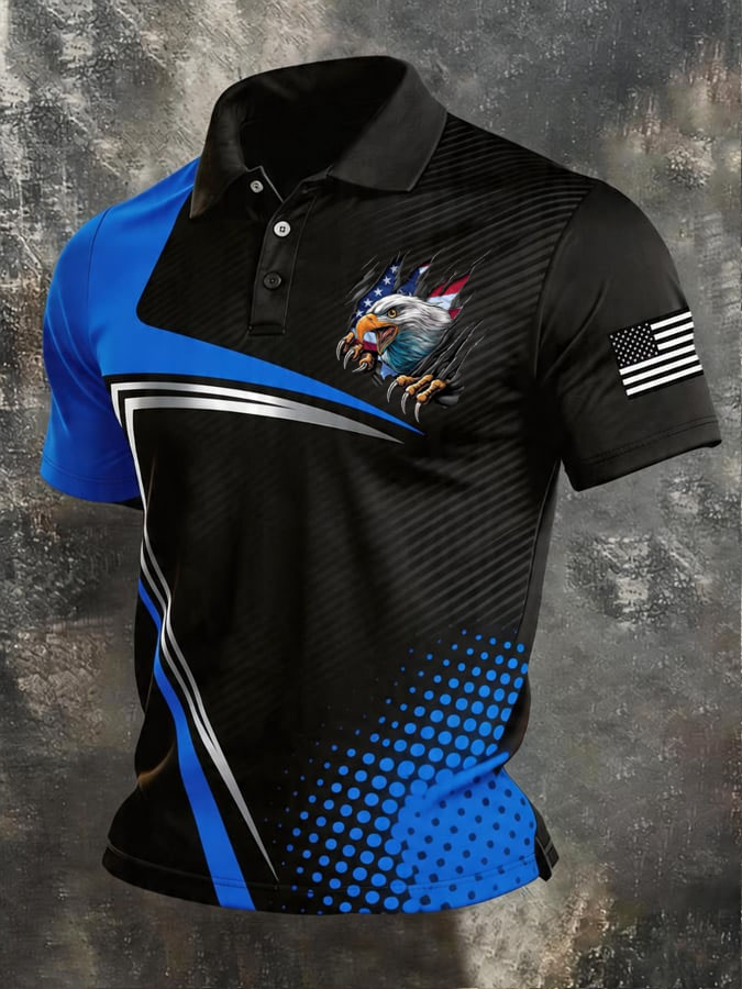 Men's Retro Patriot Color Block Polo Collar Short Sleeve