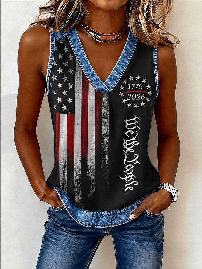 Women's Retro Flag Print Casual V-Neck Tank Top