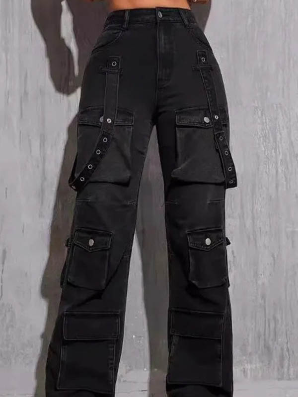 Buttoned Pockets Solid Color High Waisted Trousers Jean Pants Bottoms
