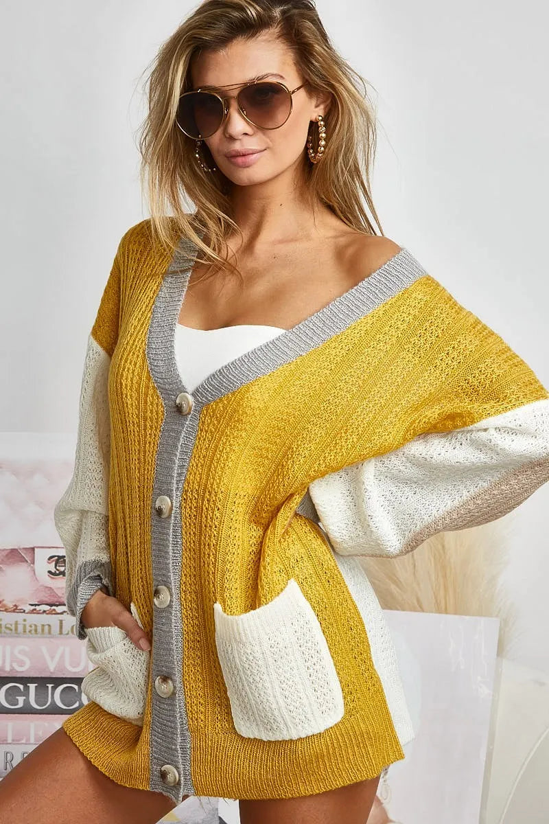 Color Block Sweater Cardigan with Button Closure