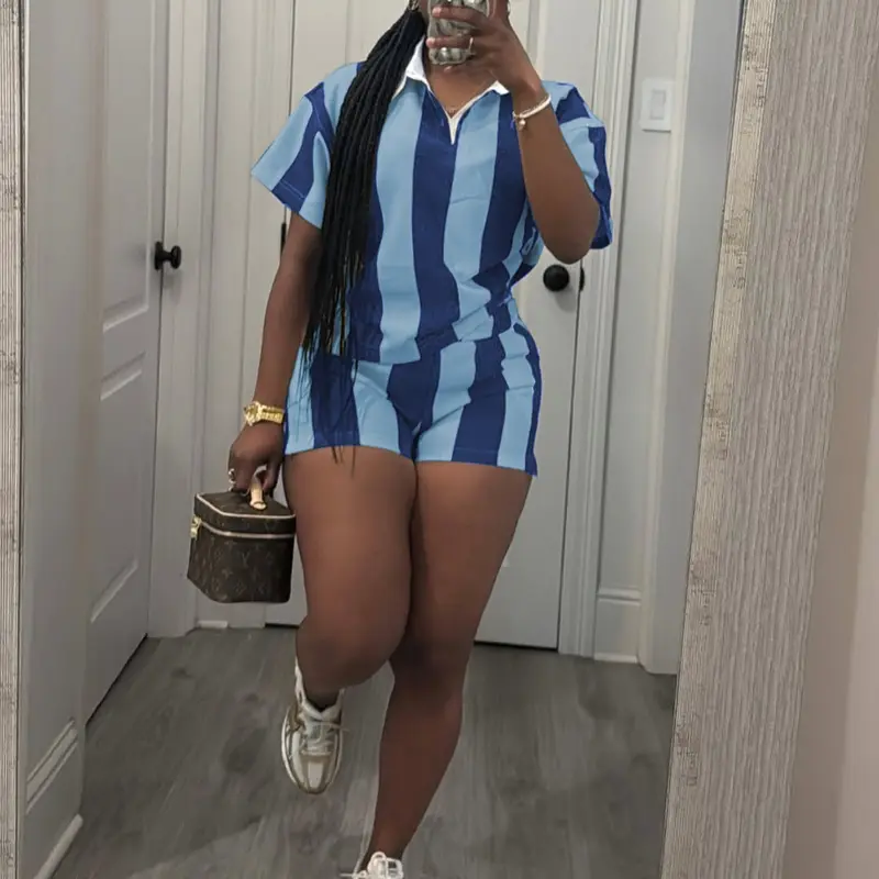 Women's 2026 Spring Two Piece Set Striped Short Sleeve Top & Drawstring Shorts Casual Outfit for Comfort