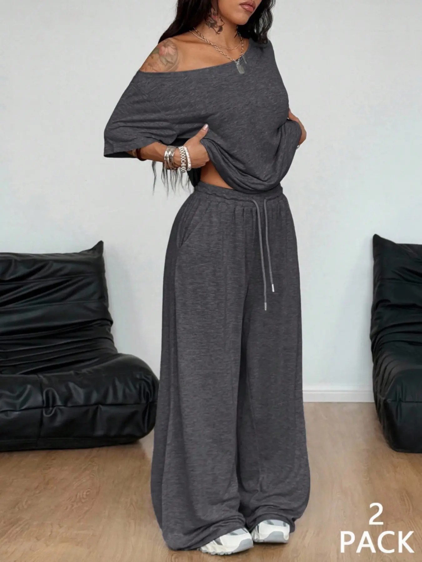 Women's Minimalist Basic Daily Wear Casual Going Out Sport Comfortable Off Shoulder T-Shirt And Wide Leg Pants Two Pieces Outfits