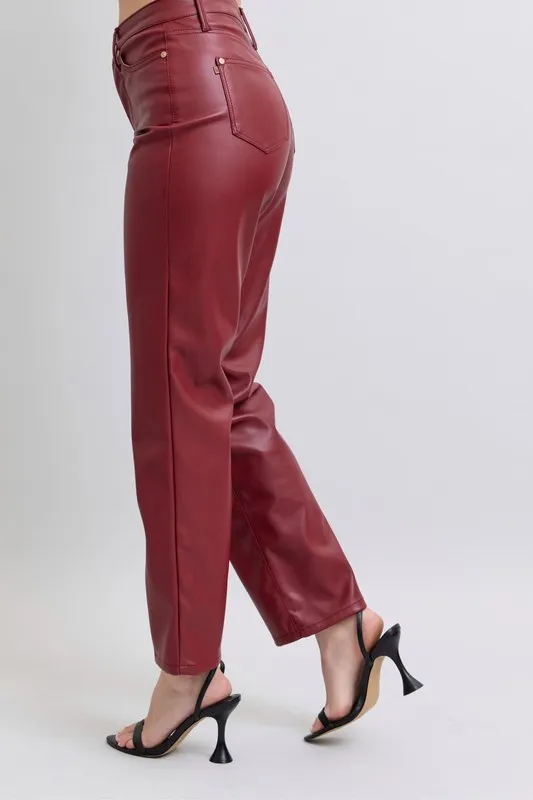 Blue Full Size High Waist Tummy Control Faux Leather Straight Pants Plus Size