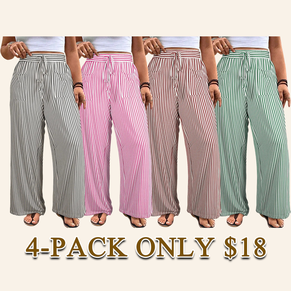 Women‘s Plus Size Wide Leg Pants Elastic High Waist Striped Casual Palazzo Pants Lounge Trouser with Pockets (1X-5X)
