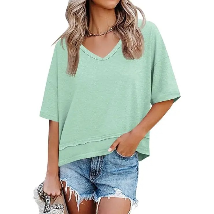 Women's V-Neck Short Sleeve T-Shirt Casual Loose Flowy Basic Summer Flattering Tops