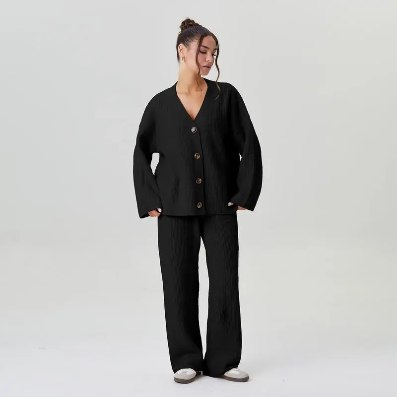 Women's Slouchy Solid Color V-Neck Button-Up Long Sleeve