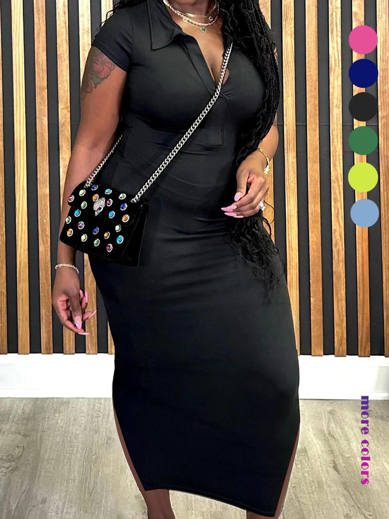 Women's Plain Collar Bodycon Dress, Solid Color Short Sleeve Long Dress, Ladies Clothes for All Seasons