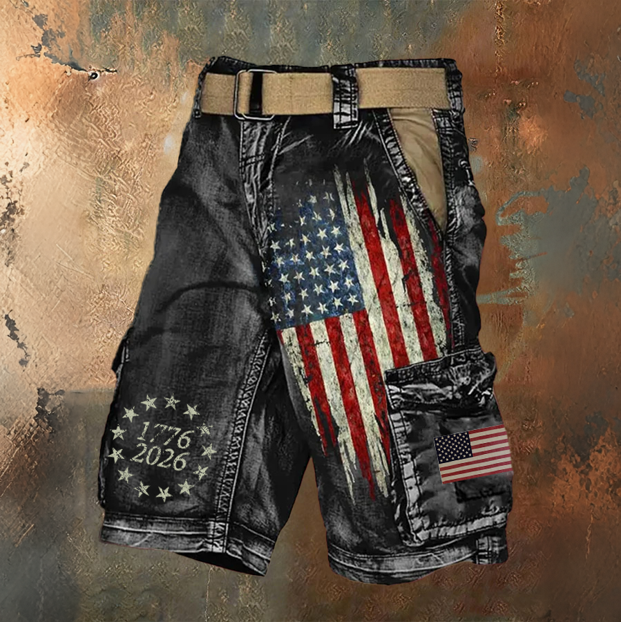 Men'S Retro Flag American Independence Day Multi Pocket Printed Workwear Shorts (Excluding Belt)