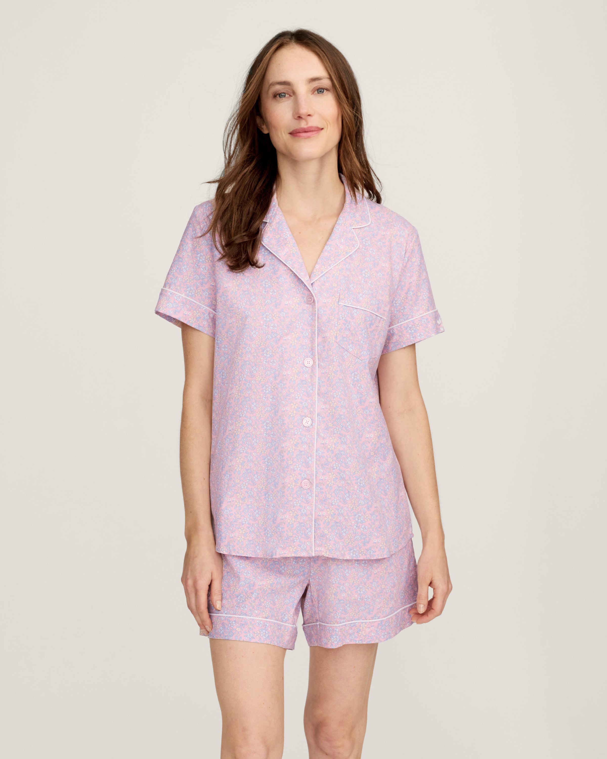 Women's Twill Short Sleeve Short Set in Fleur Blush