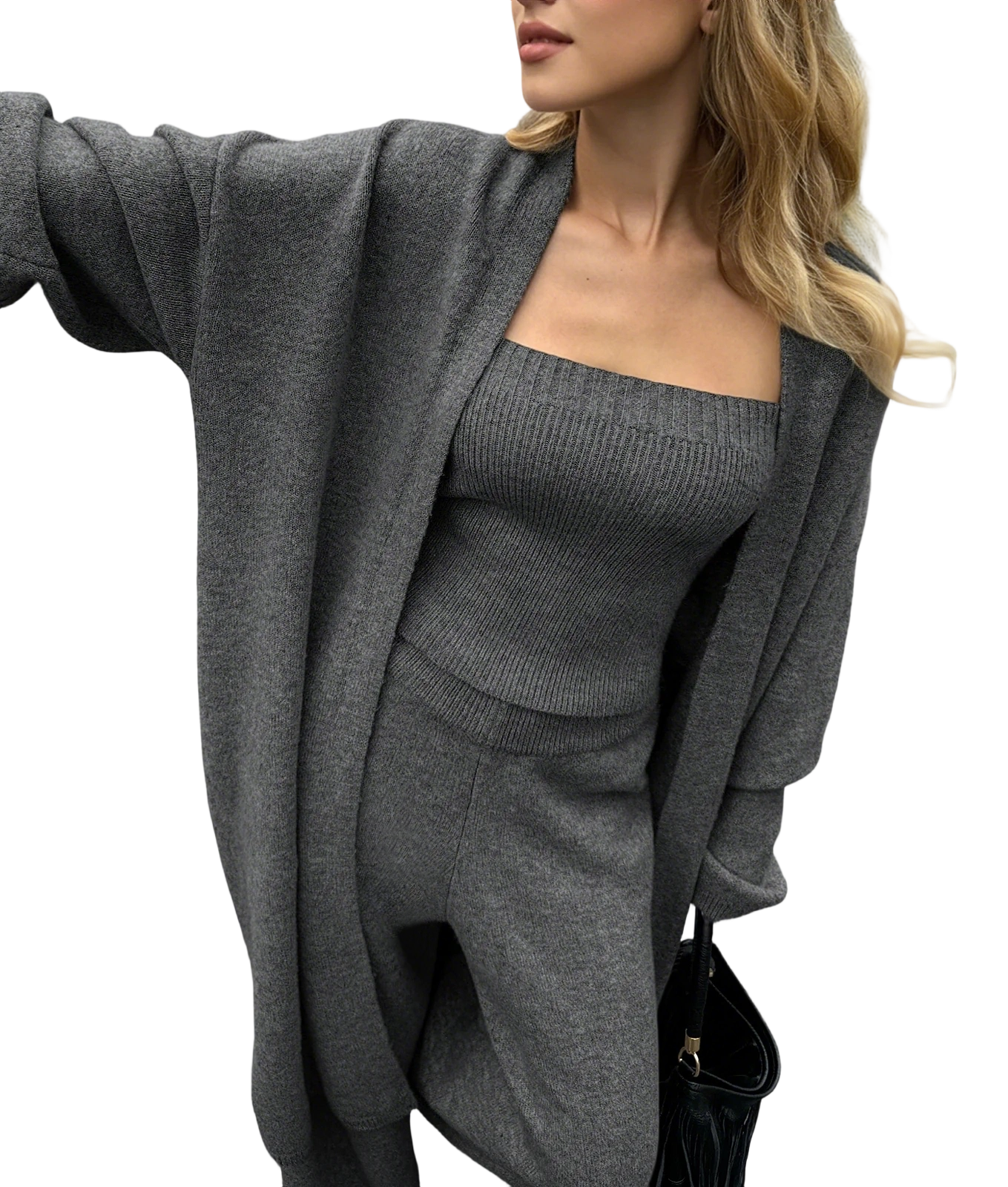 Three-Piece Knit Bustier Cardigan Pants Set